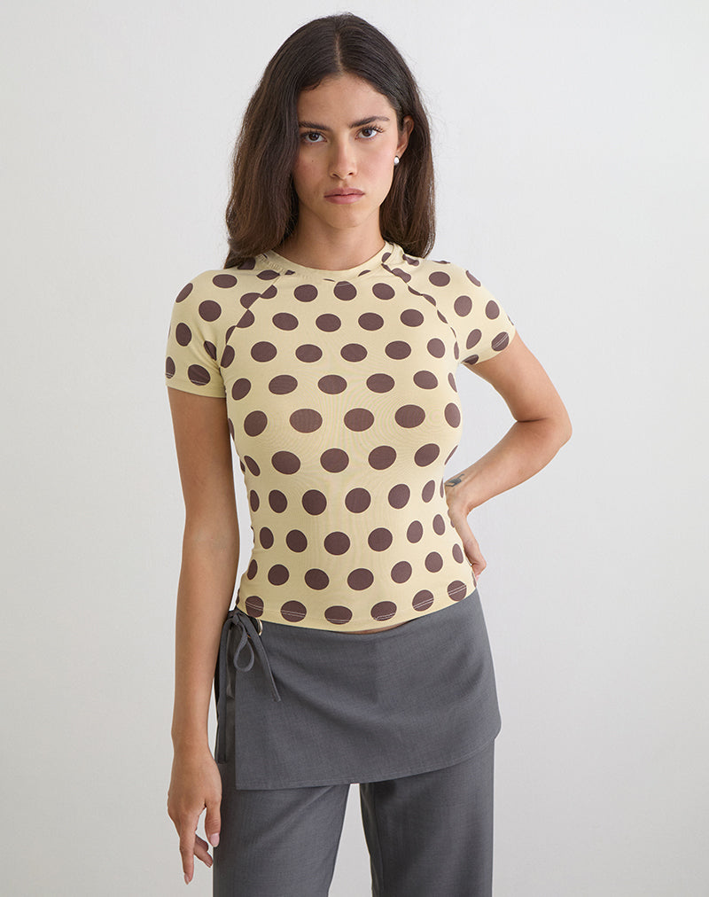 Image of Agneta Tee in Yellow with Big Brown Polka Dots