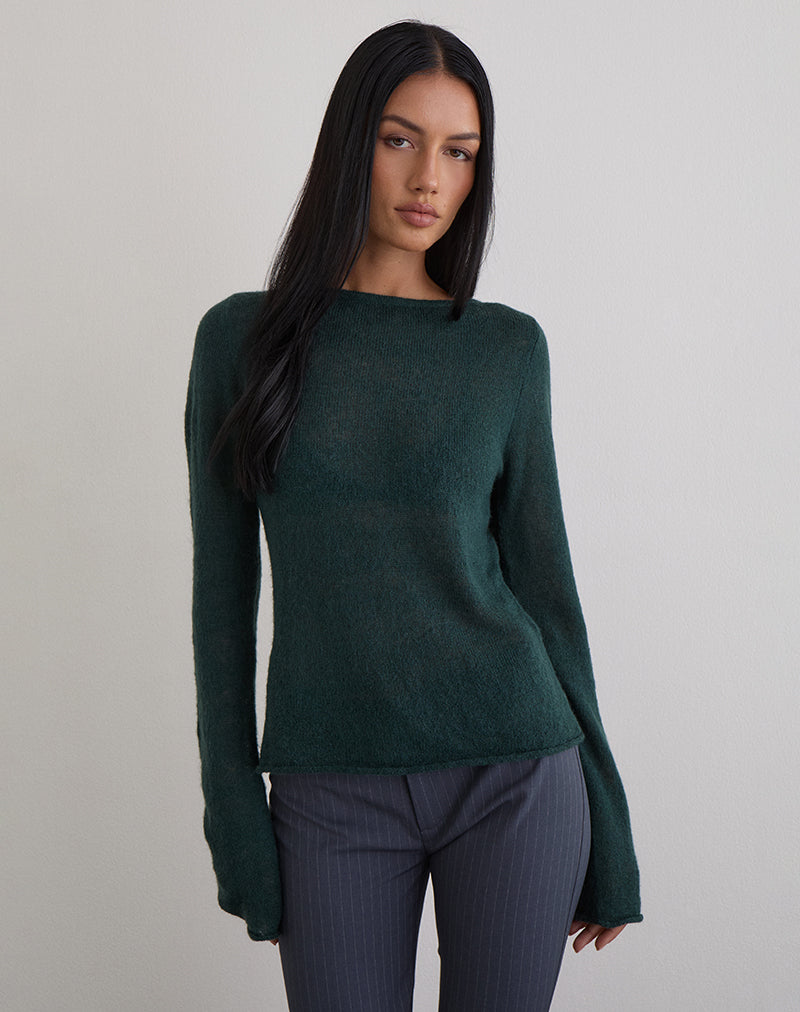 Image of Aika Long Sleeve Top in Sheer Knit Dark Green