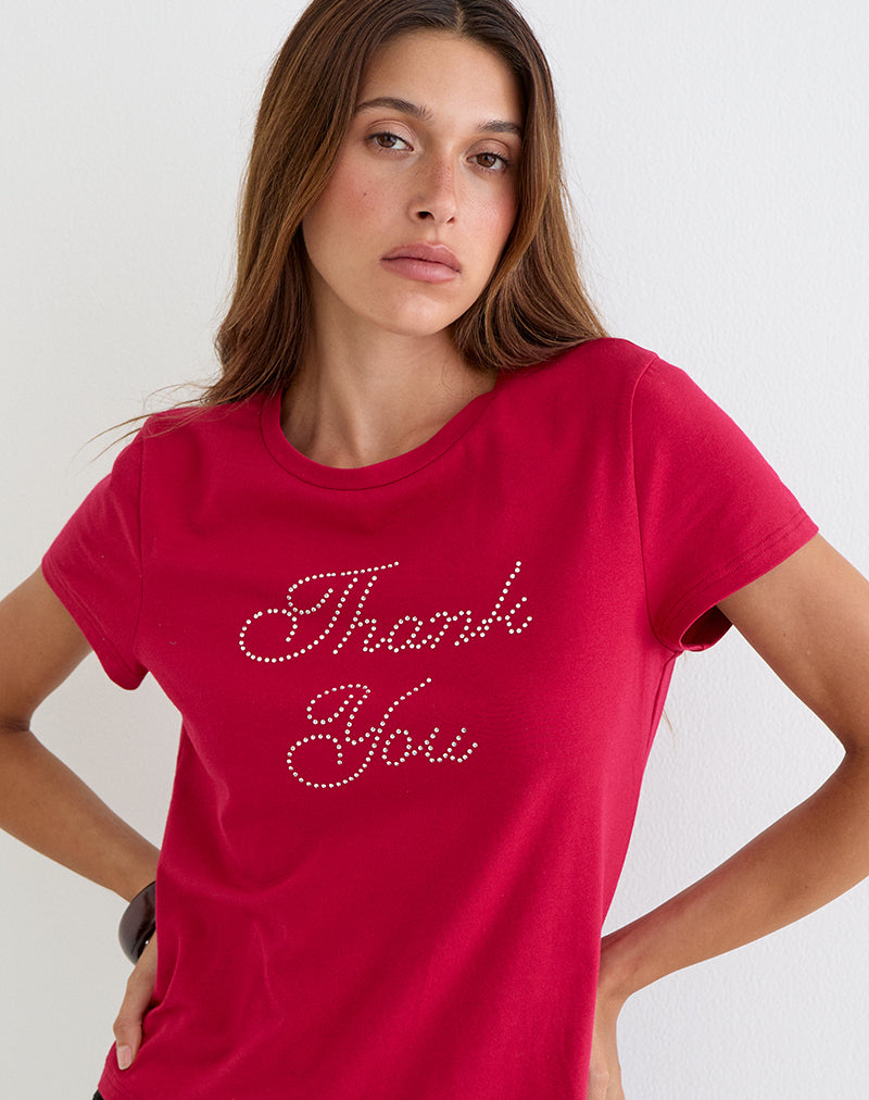 Image of Alio Tee in Scarlet Red with Diamante Thank You Graphic