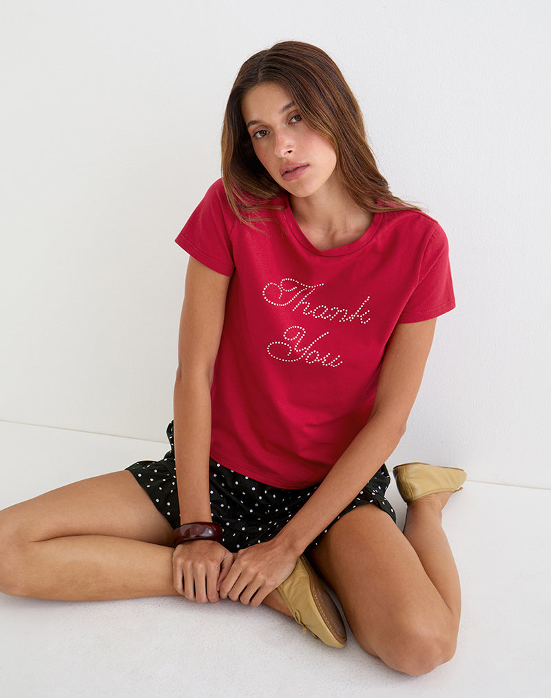 Image of Alio Tee in Scarlet Red with Diamante Thank You Graphic