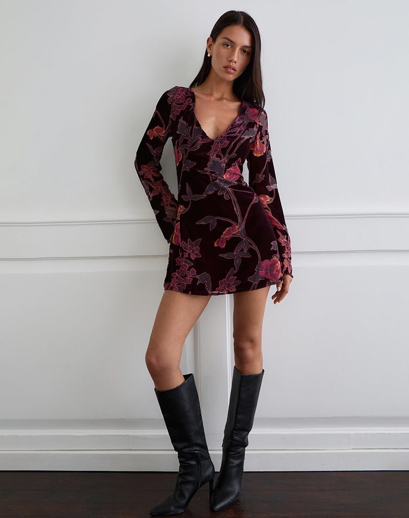 Image of Alitra Mini Dress in Floral Devore Burgundy