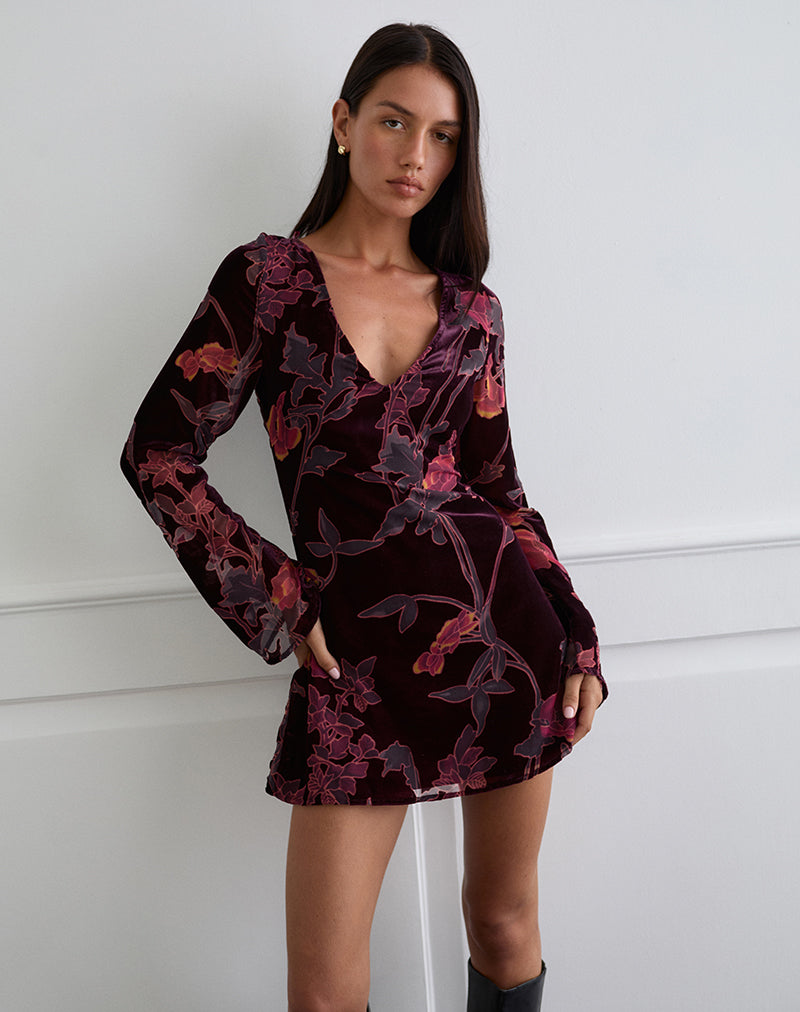 Image of Alitra Mini Dress in Floral Devore Burgundy