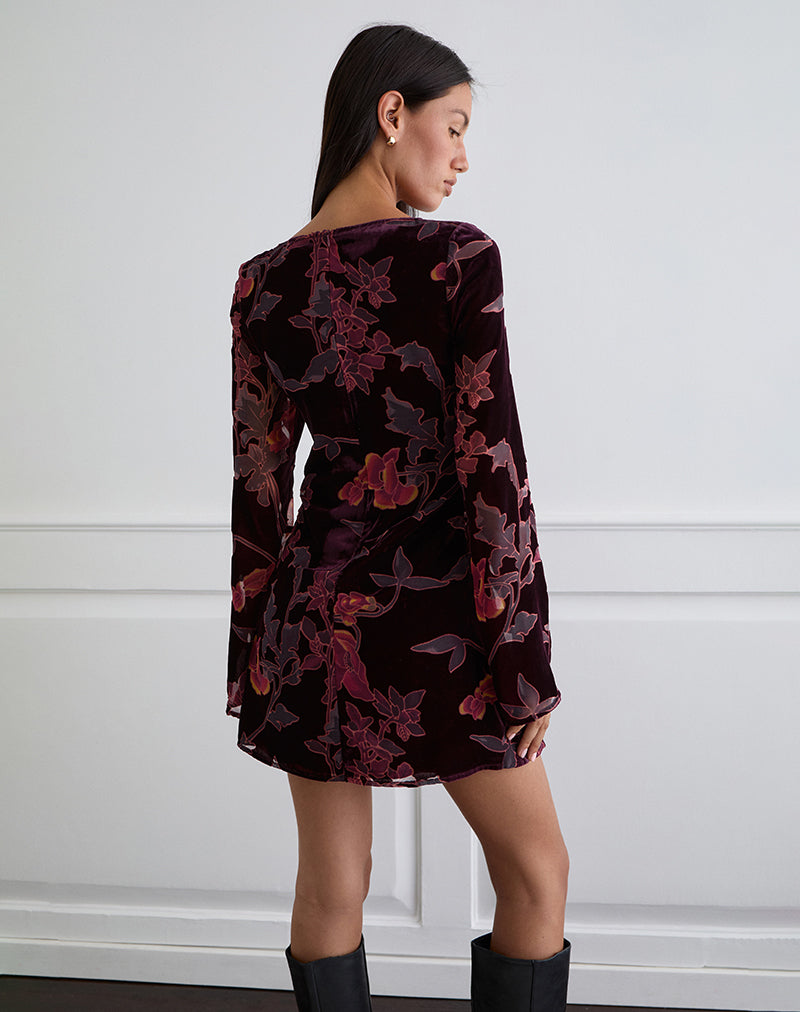 Image of Alitra Mini Dress in Floral Devore Burgundy