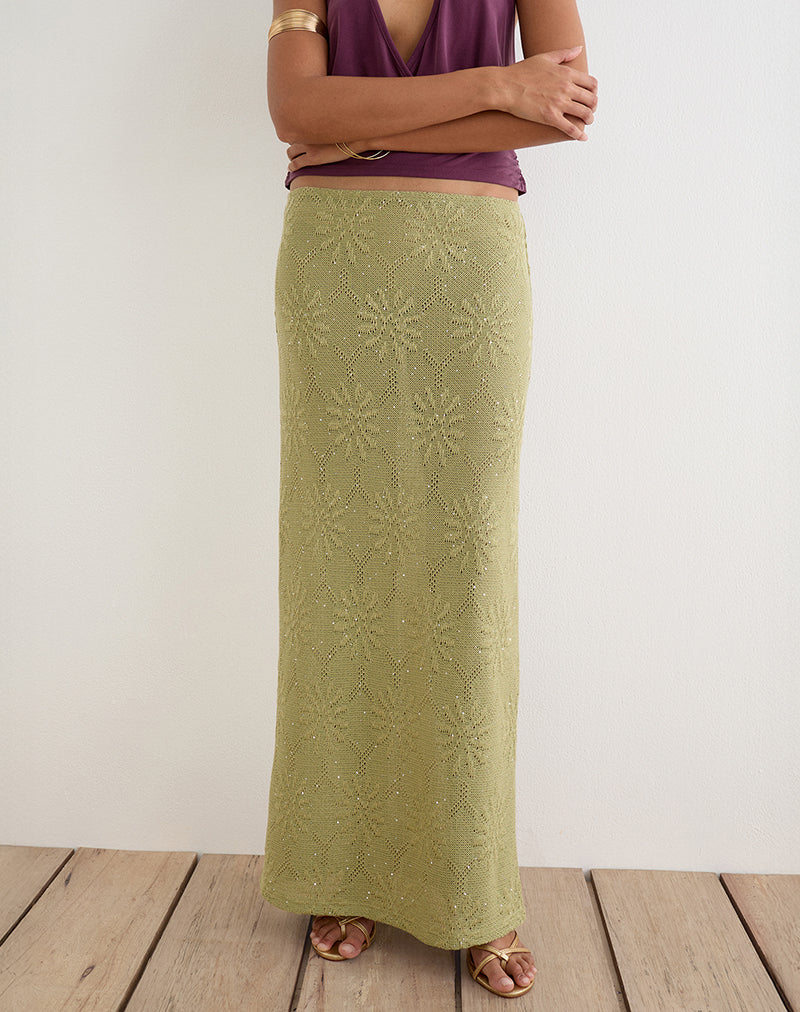 Image of Aloria Maxi Skirt in Sequin Knit Green