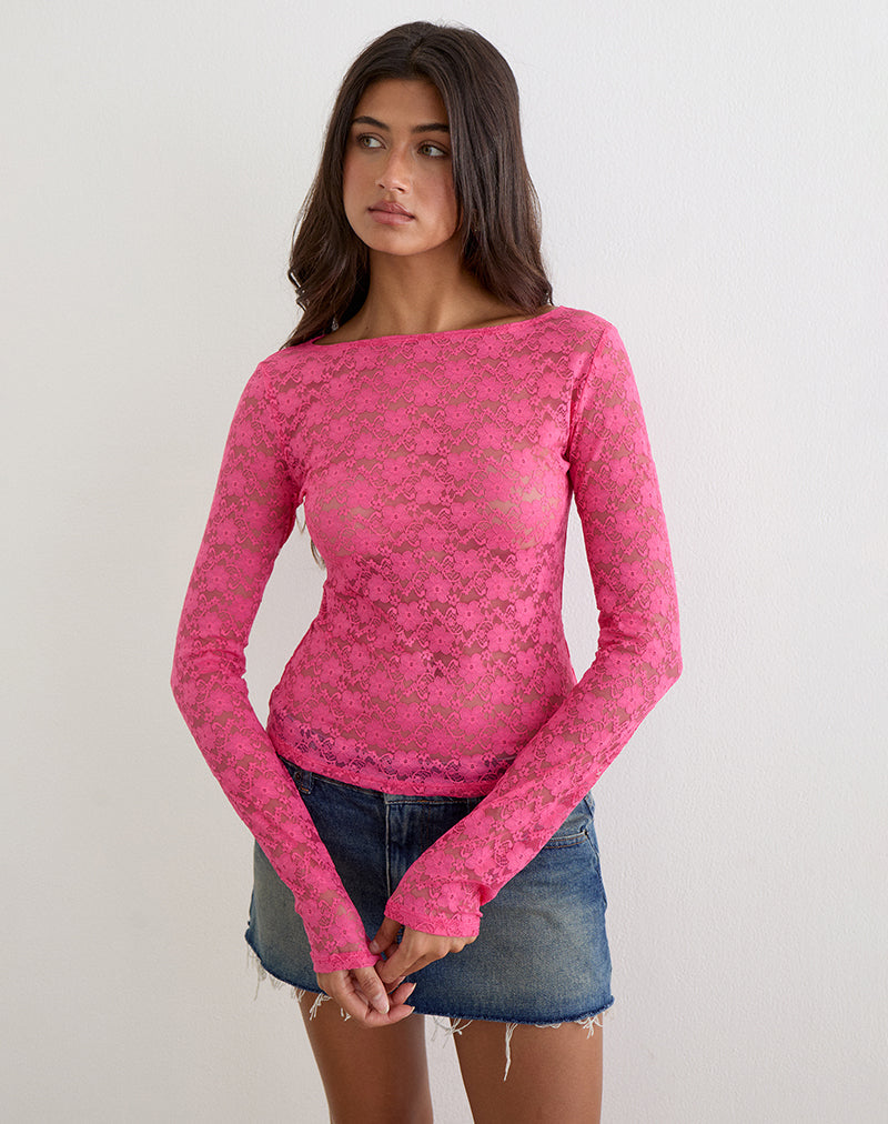 Image of Amabon Long Sleeve Top in Lace Hot Pink
