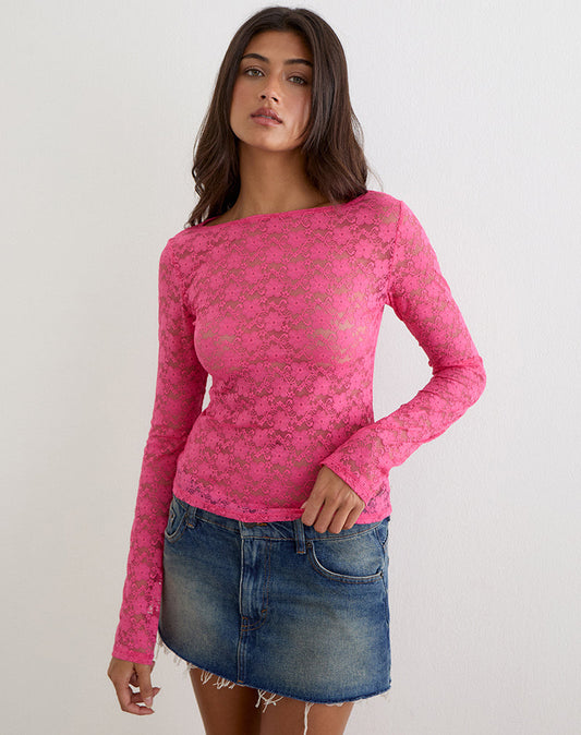 Image of Amabon Long Sleeve Top in Lace Hot Pink