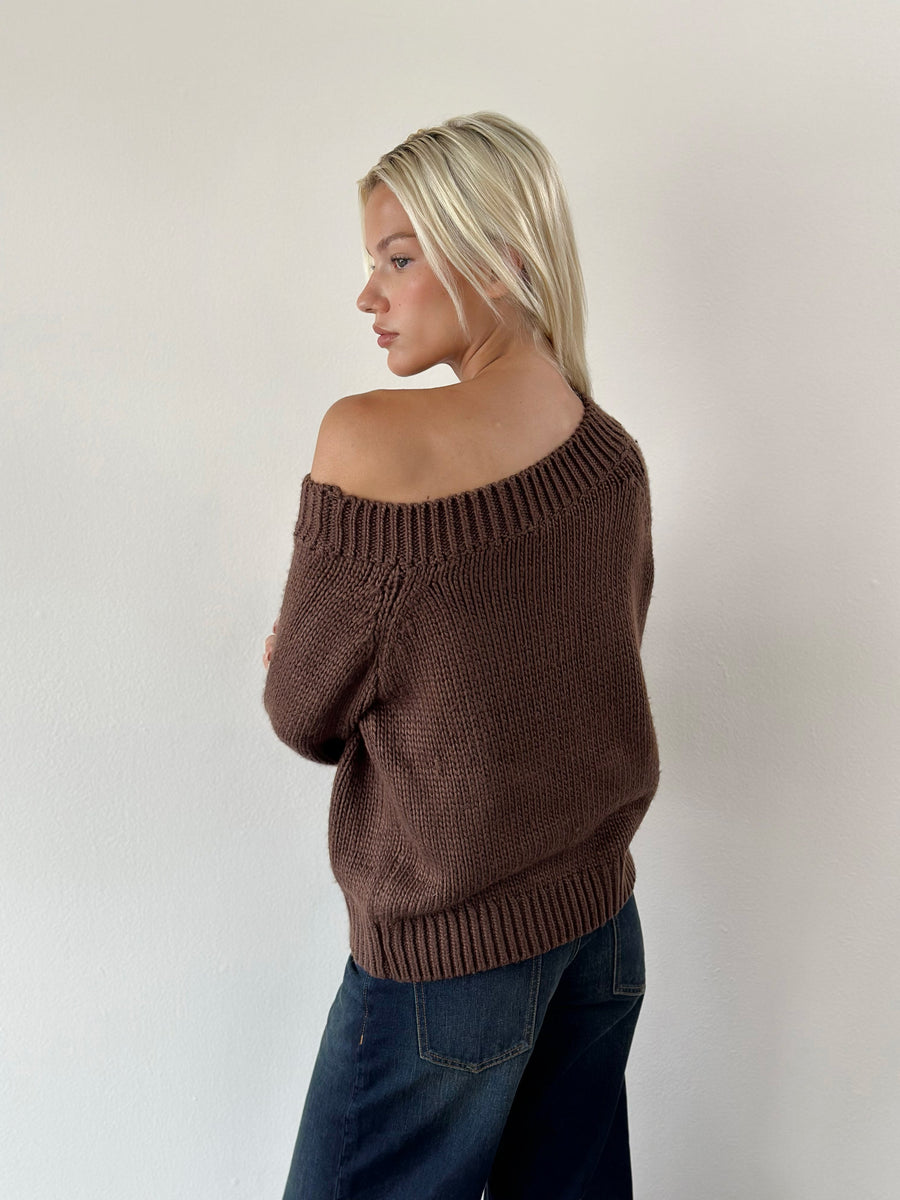 Image of Anasera Off Shoulder Jumper in Chocolate Brown