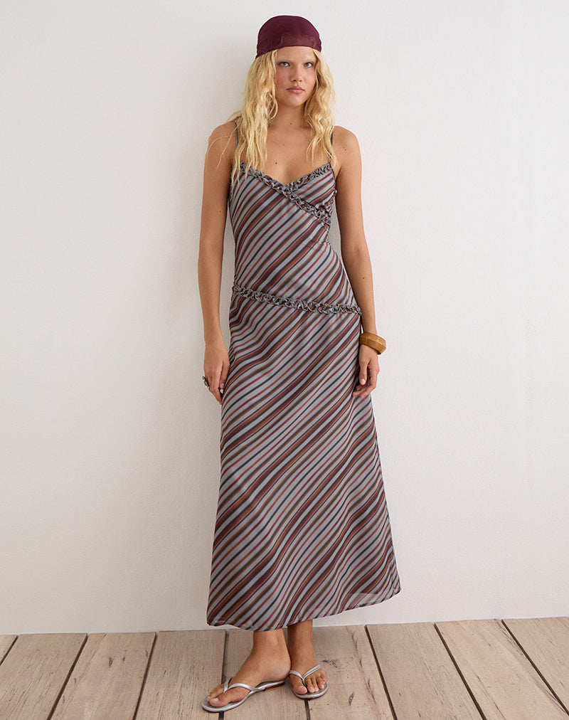 Image of Angie Maxi Dress in Chiffon Grey and Maroon Diagonal Stripe
