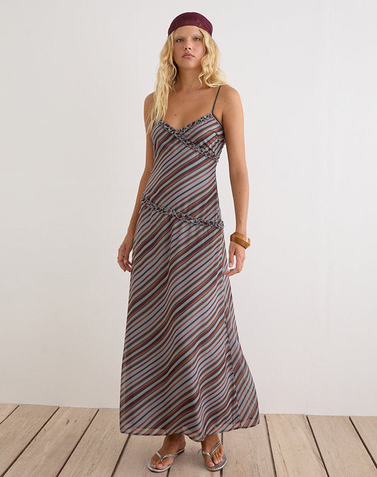 Image of Angie Maxi Dress in Chiffon Grey and Maroon Diagonal Stripe
