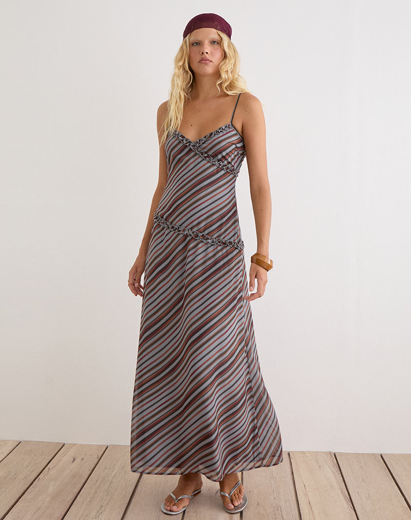 Image of Angie Maxi Dress in Chiffon Grey and Maroon Diagonal Stripe