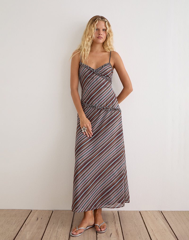 Image of Angie Maxi Dress in Chiffon Grey and Maroon Diagonal Stripe