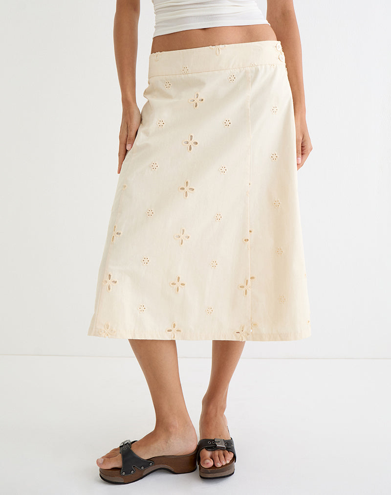 Image of Arash Midi Skirt with Buttons in Broderie Vanilla