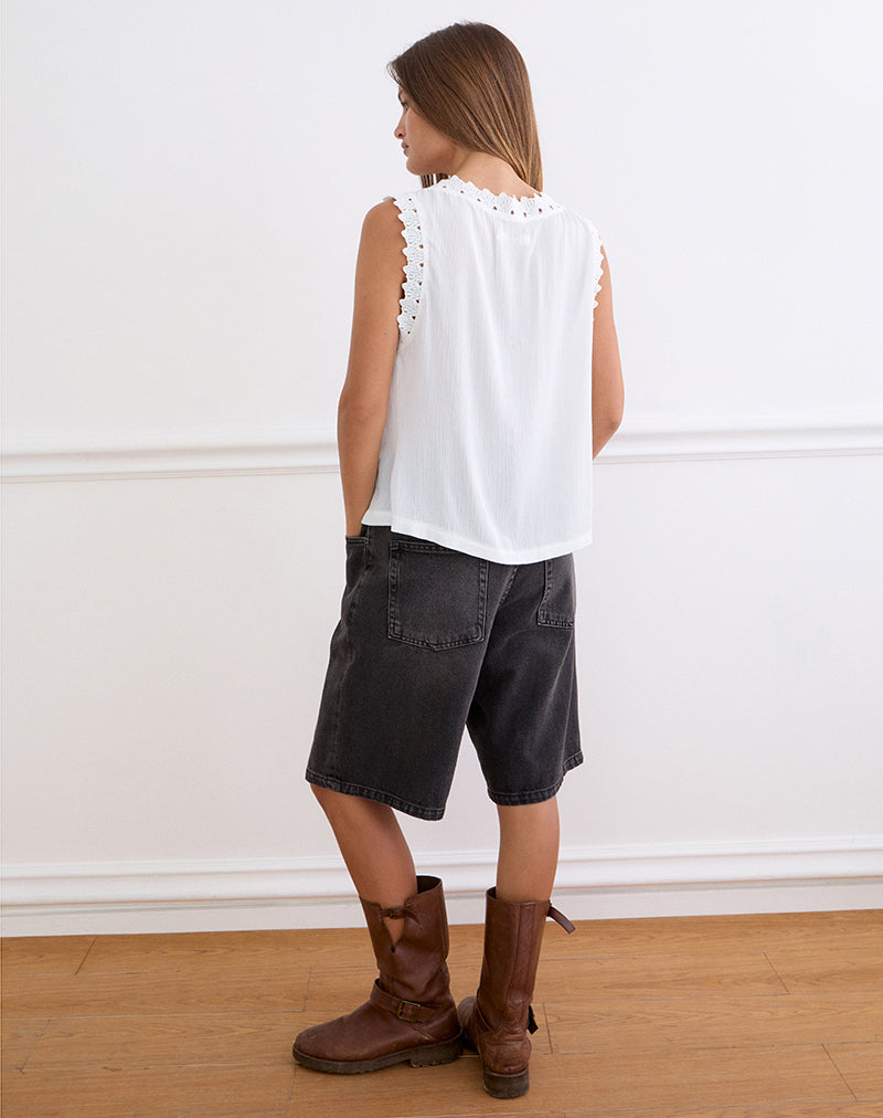 Image of Argya Tie Front Top in Rayon White with Lace Trim