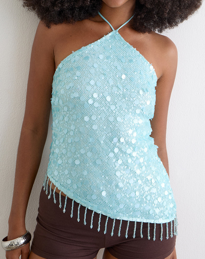 Image of Arlela Top in Net Sequin Blue with Beaded Hem