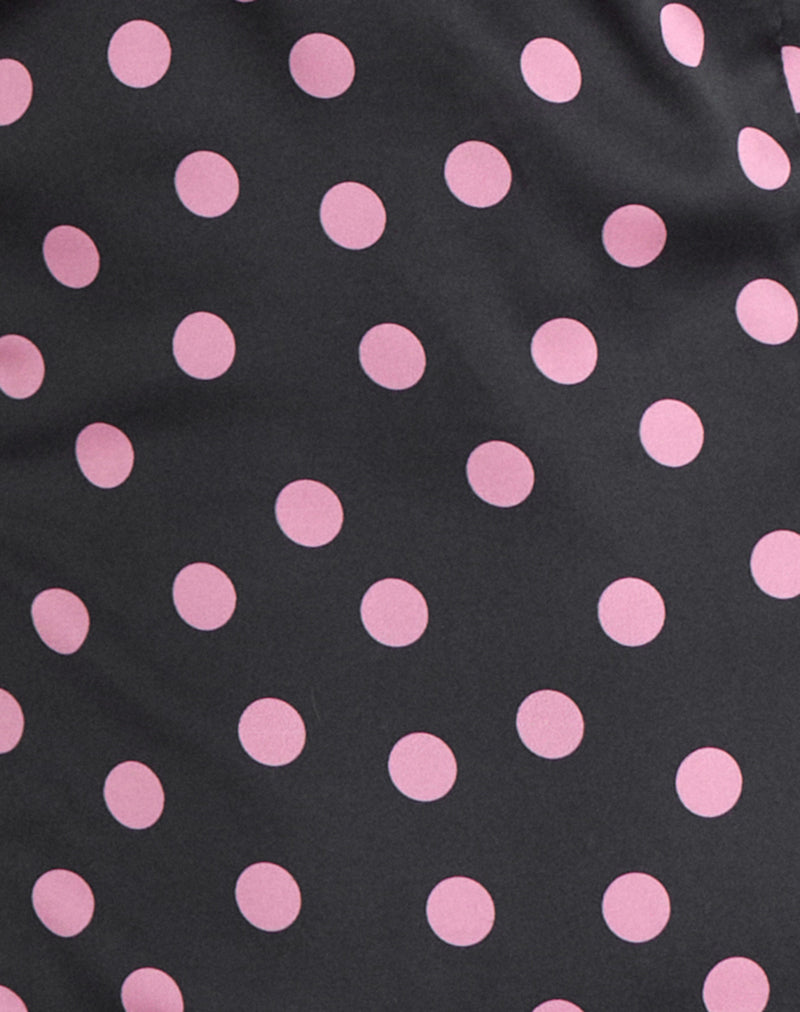 Image of Asena Top in Black Satin Scattered with Pink Polka