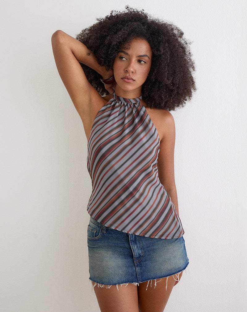 Image of Astina Halterneck Top in Chiffon Grey and Maroon Diagonal Stripe