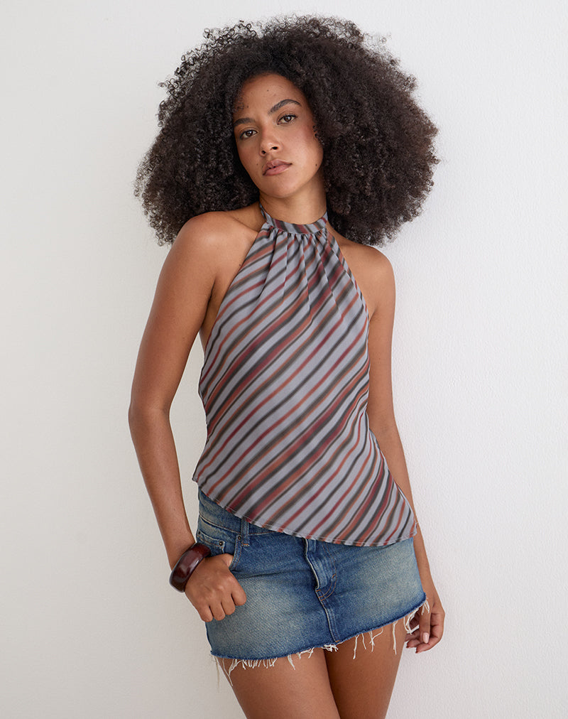 Image of Astina Halterneck Top in Chiffon Grey and Maroon Diagonal Stripe