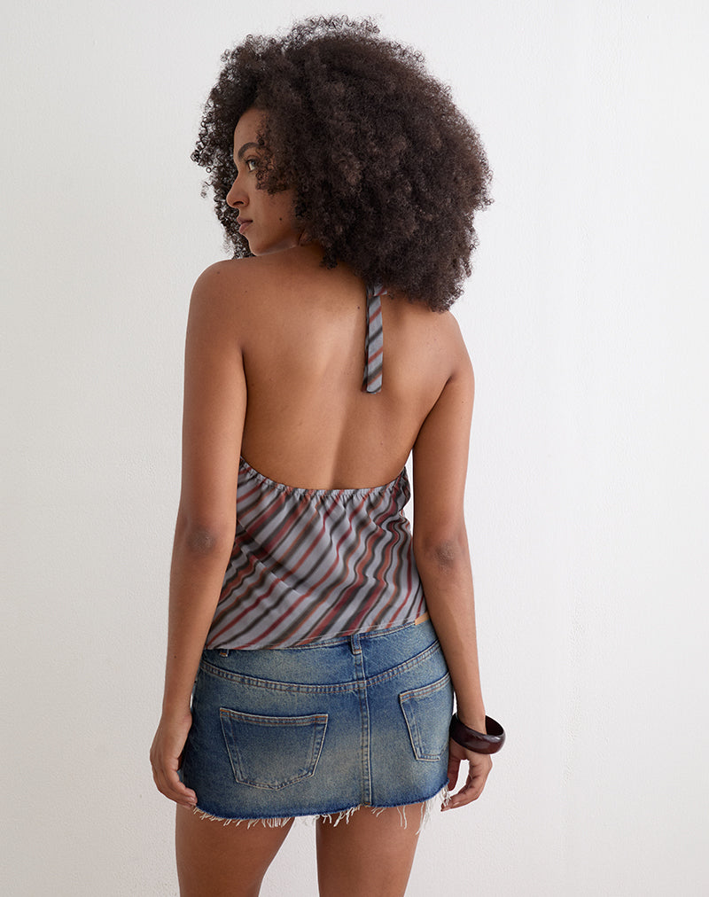 Image of Astina Halterneck Top in Chiffon Grey and Maroon Diagonal Stripe