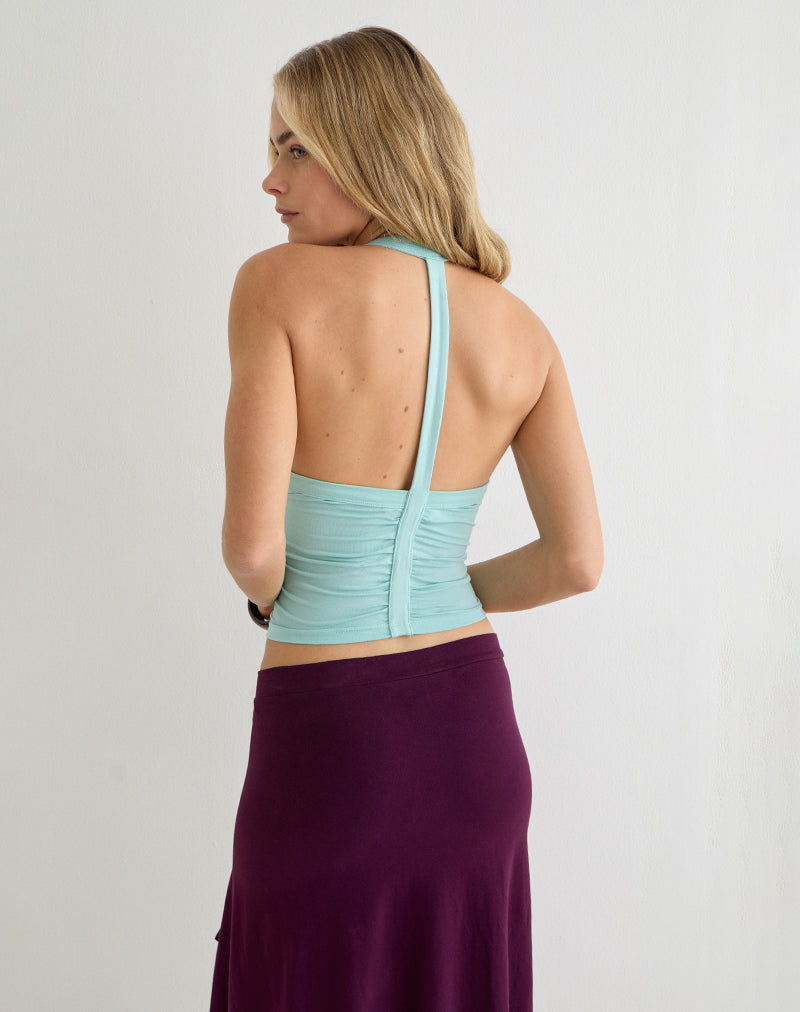 Image of Athenia Ruched V Neck Top in Rayon Jersey Aqua