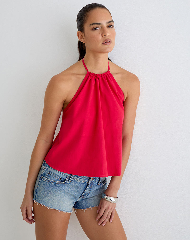 Image of Aure Halterneck Top in Poplin Scarlet Red