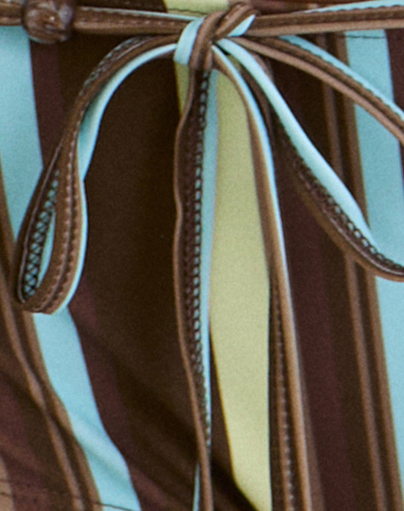 Image of Avi Swim Short in Brown and Blue Linear Stripe with Tie Waist