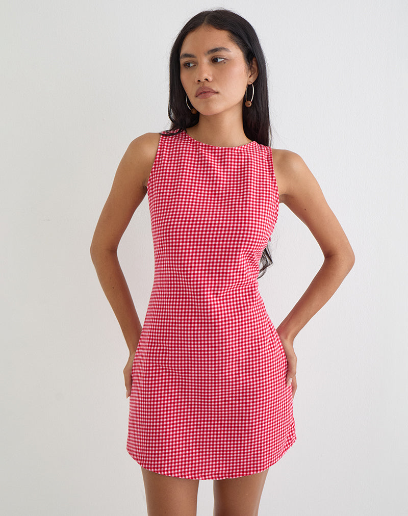 Image of Ayana Backless Mini Dress in Linen Red Gingham