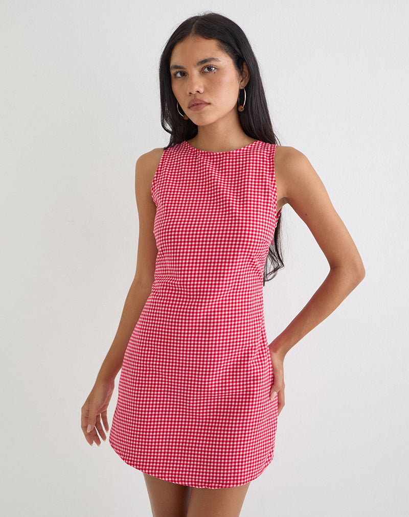 Image of Ayana Backless Mini Dress in Linen Red Gingham