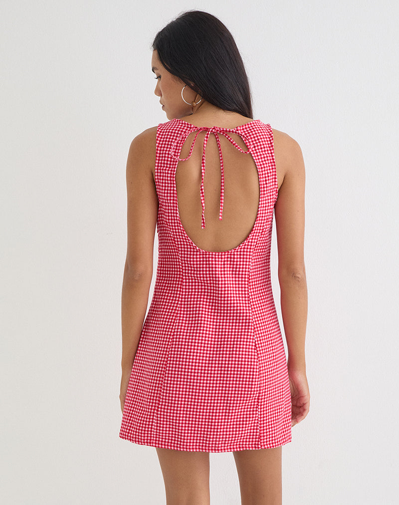 Image of Ayana Backless Mini Dress in Linen Red Gingham