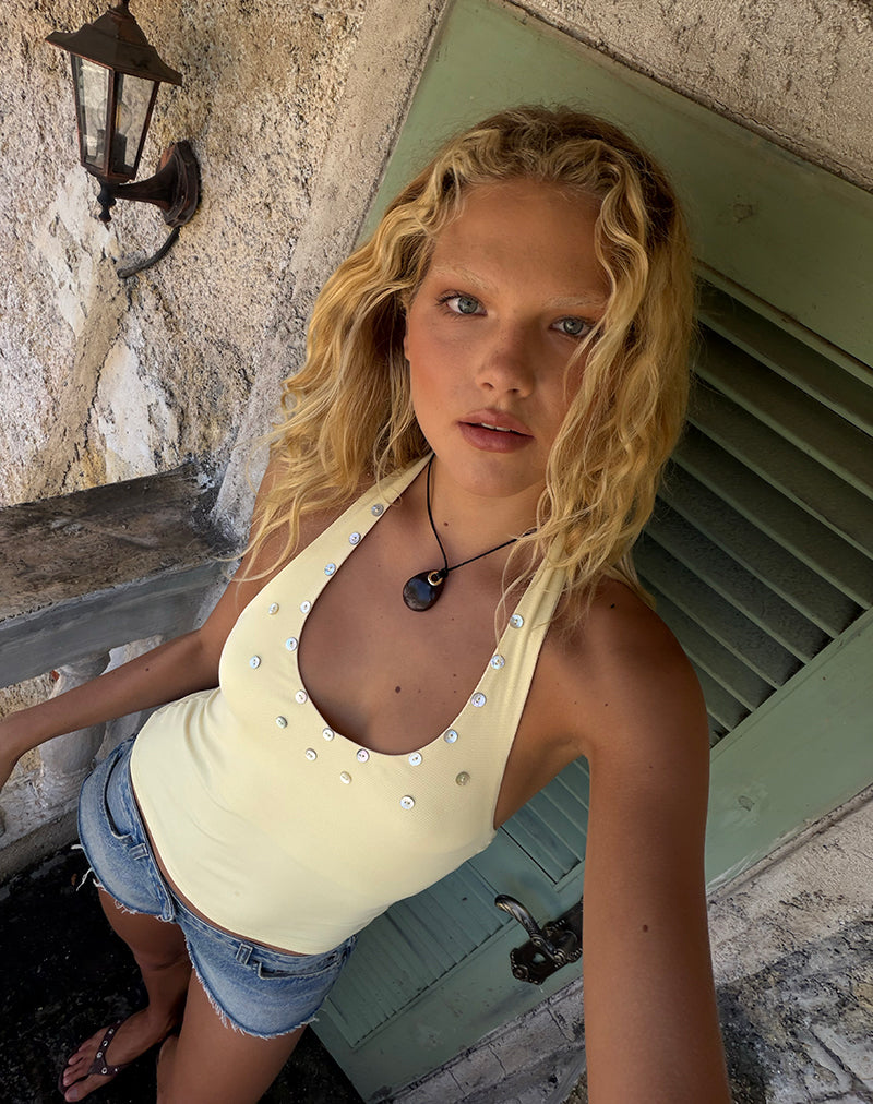 Image of Amita Top with Pearl Buttons in Rib Knit Butter Yellow