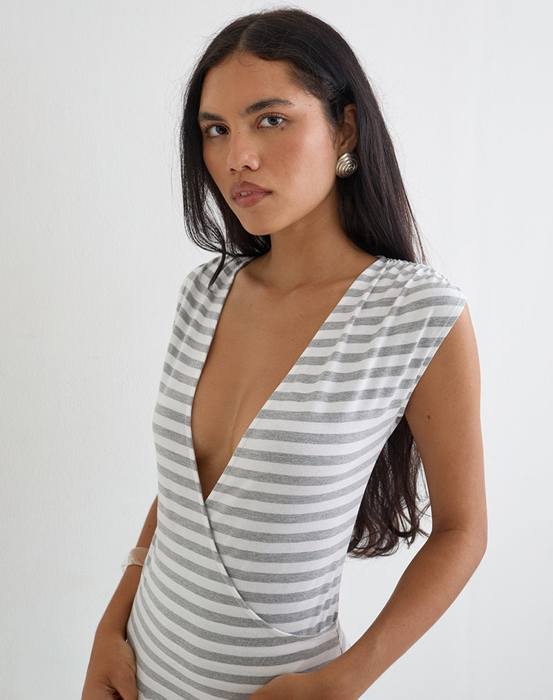 Image of Bahati Plunge Top in Stripe White and Grey