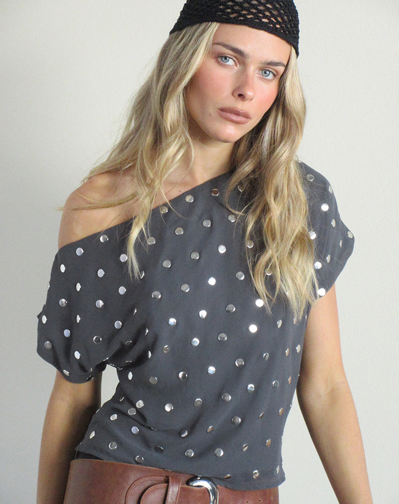 Image of Balia Asymmetric Short Sleeve Top in Studded Chiffon Dark Grey