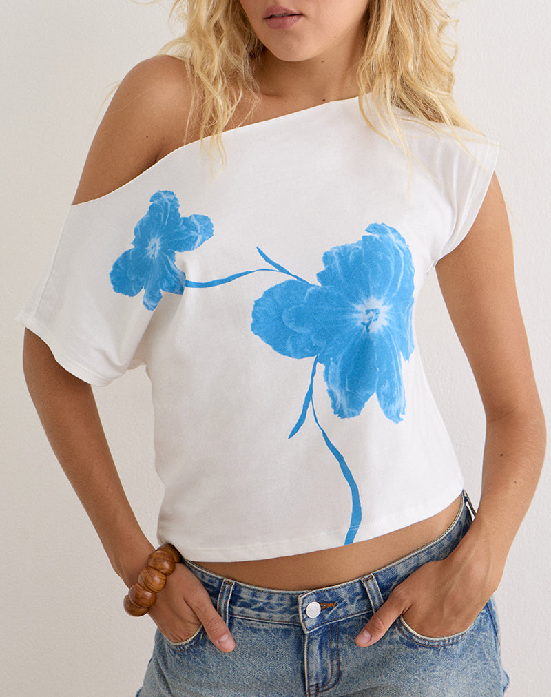 Image of Balia Asymmetric Short Sleeve Top in Off White with Blue Flower Silhouette