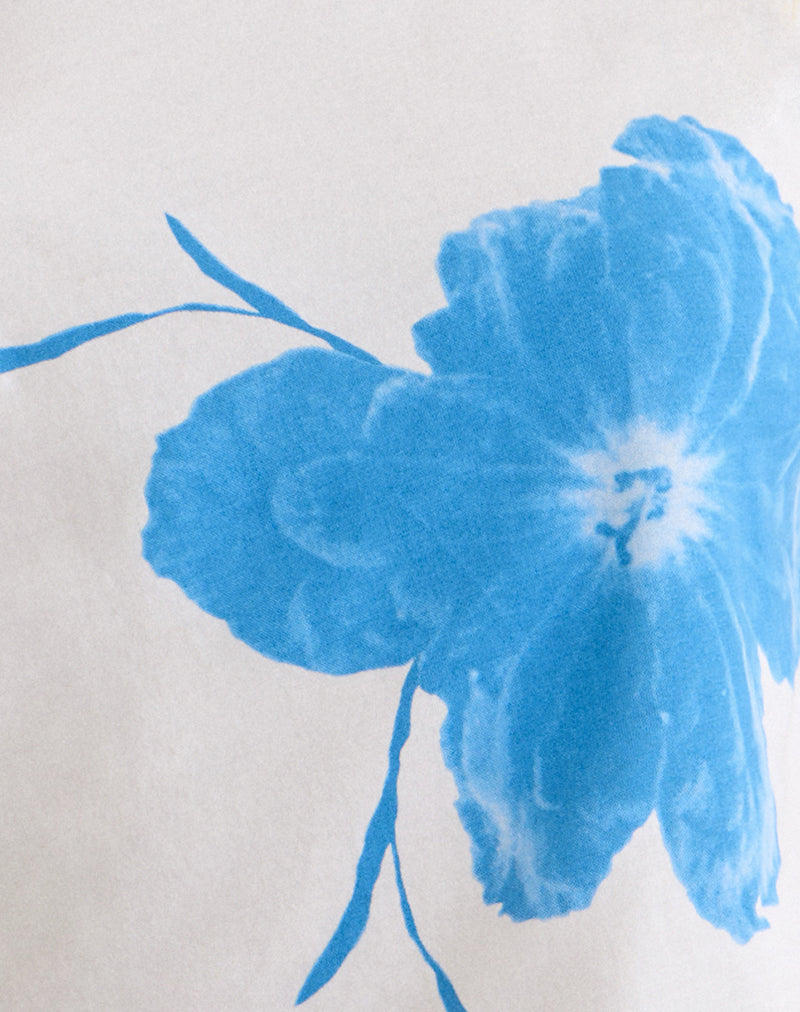 Image of Balia Asymmetric Short Sleeve Top in Off White with Blue Flower Silhouette