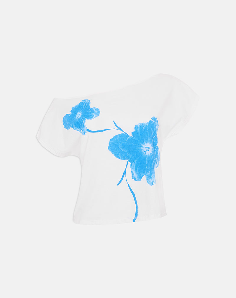 Image of Balia Asymmetric Short Sleeve Top in Off White with Blue Flower Silhouette