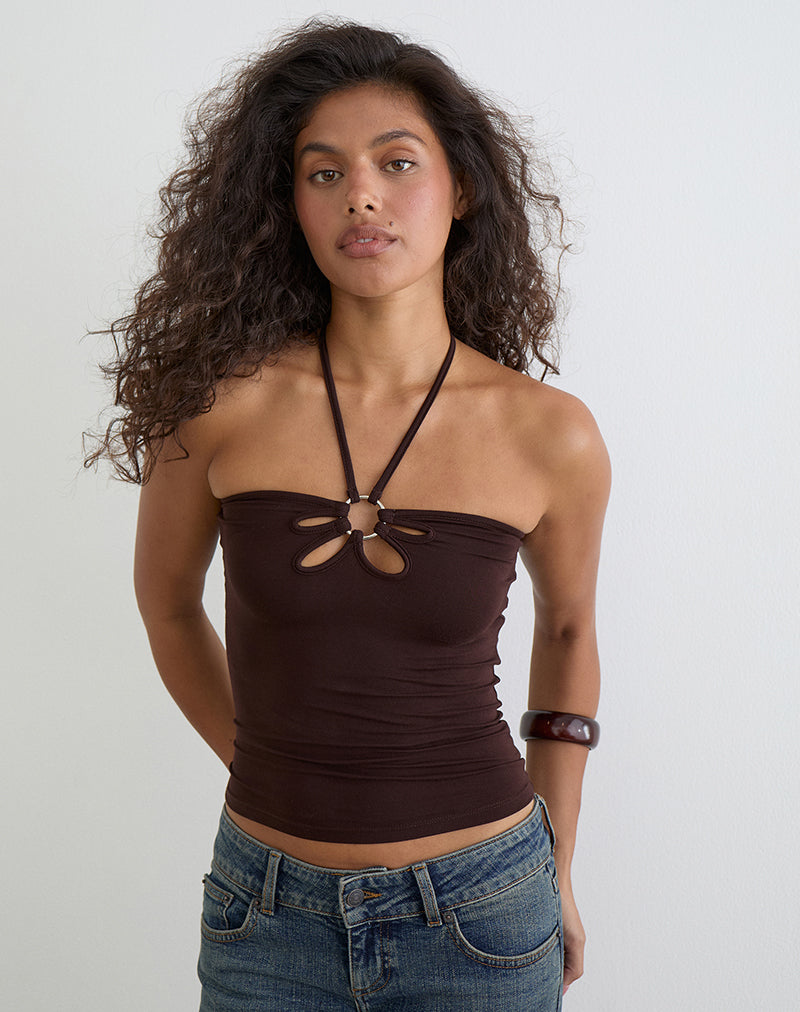 Image of Baya Halterneck Top with Flower Ring in Bitter Chocolate