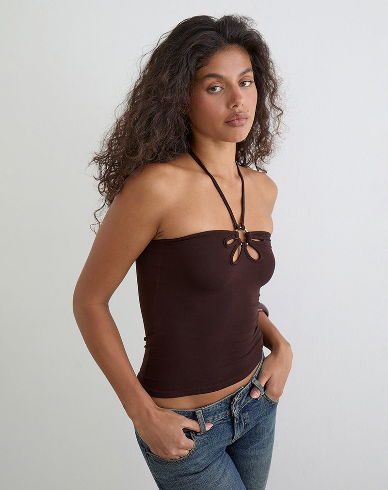 Image of Baya Halterneck Top with Flower Ring in Bitter Chocolate