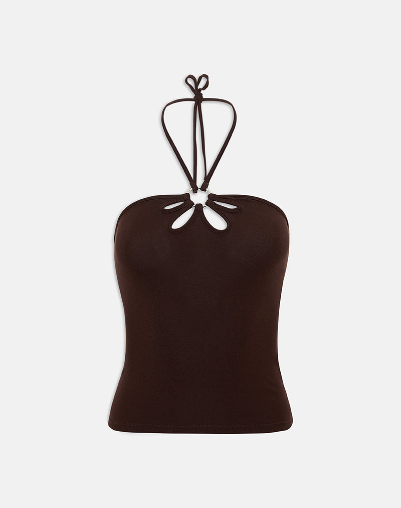 Image of Baya Halterneck Top with Flower Ring in Bitter Chocolate