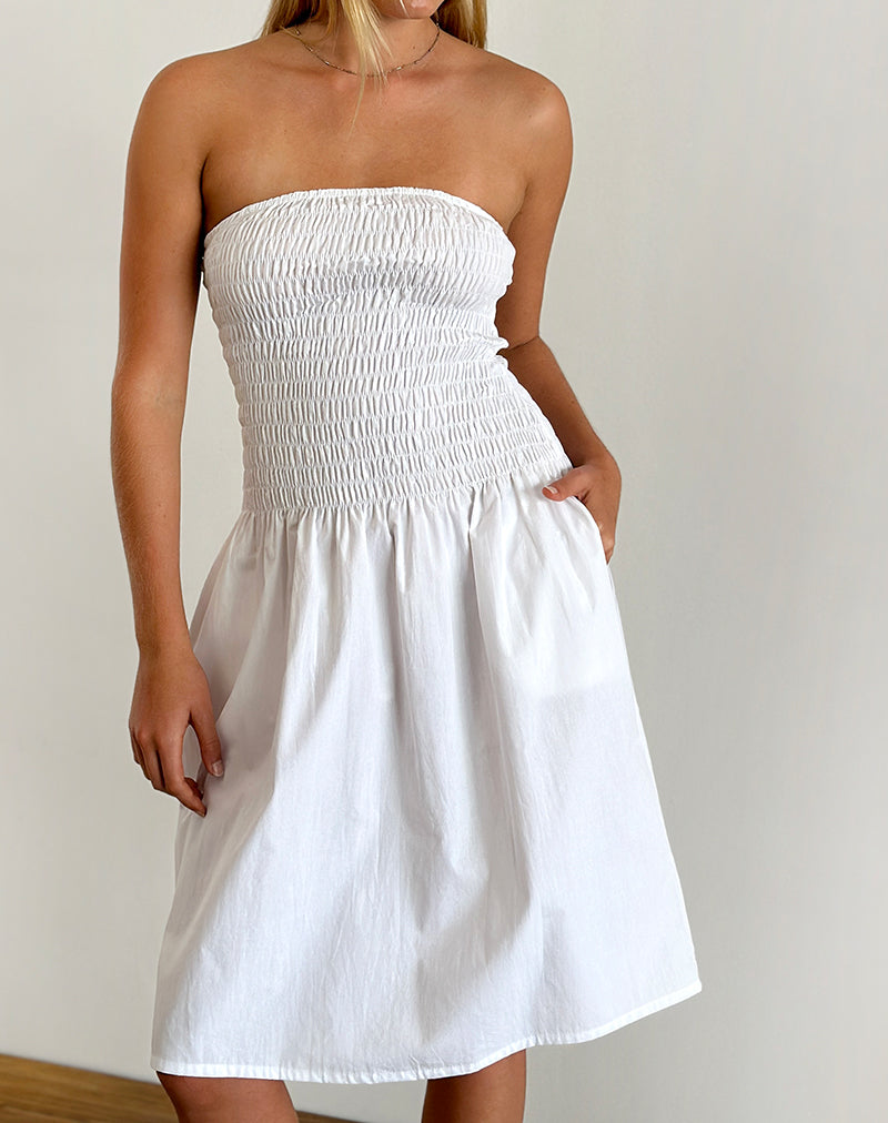 Image of Belesi Bandeau Midi Dress in Poplin White