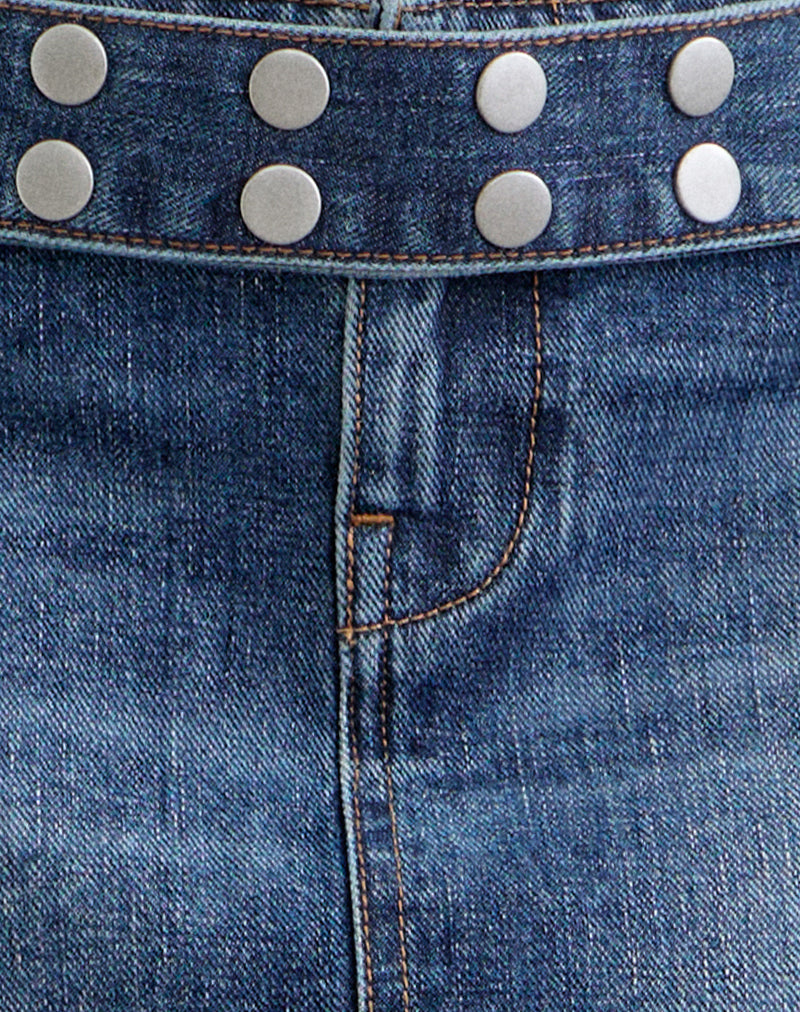 Image of Belted Denim Mini Skirt in Dark Blue