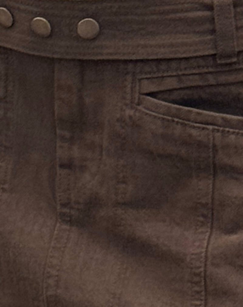 Image of Belted Denim Mini Skirt in Chocolate Brown