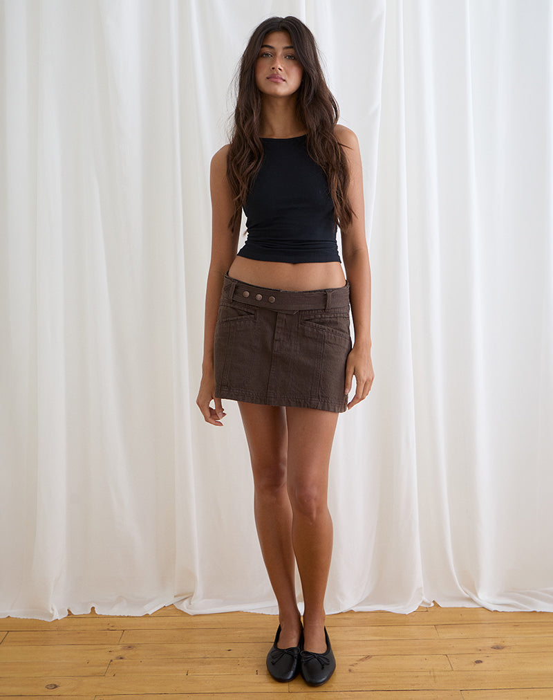 Image of Belted Denim Mini Skirt in Chocolate Brown