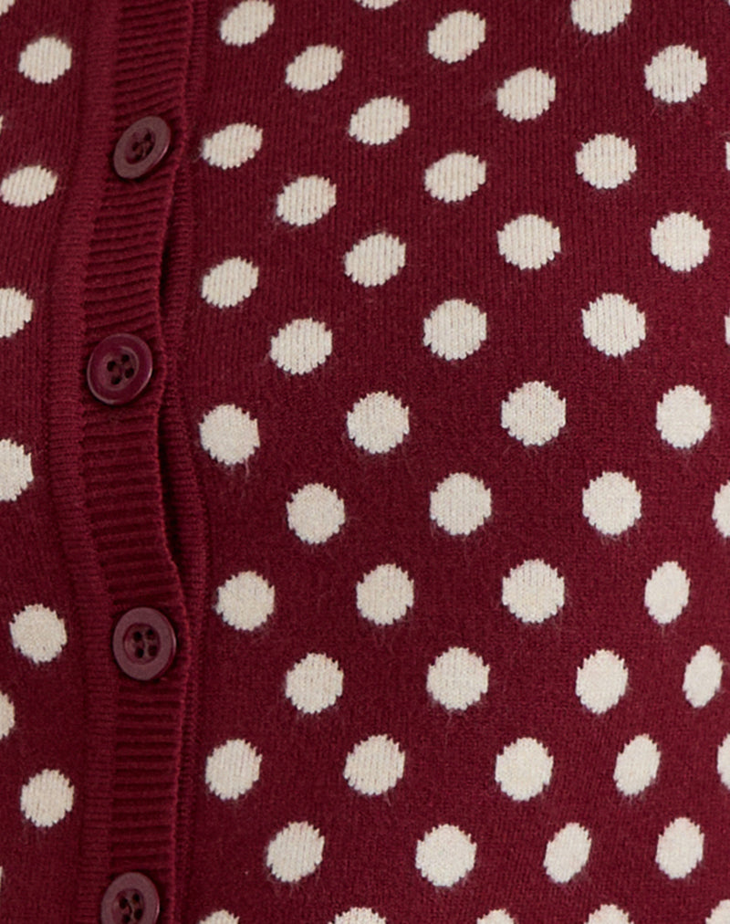 Image of Bhavina Cardigan in Burgundy with Cream Polka Print