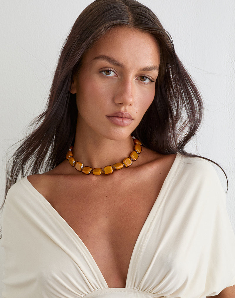 Image of Brown Square Beaded Gold Plated Necklace