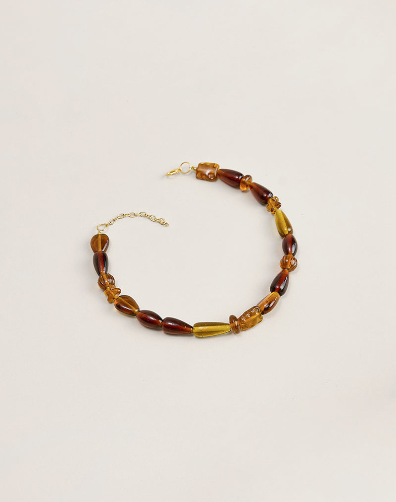 Image of Brown and Yellow Glass Beaded Gold Plated Necklace