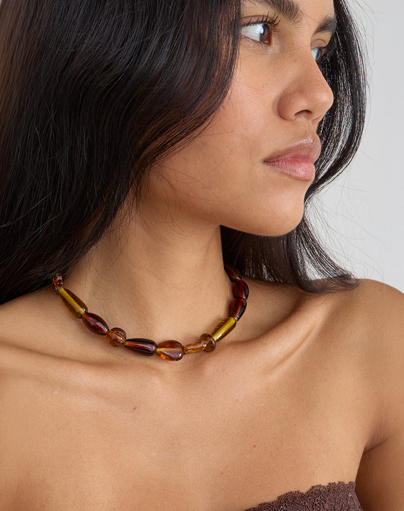 Image of Brown and Yellow Glass Beaded Gold Plated Necklace