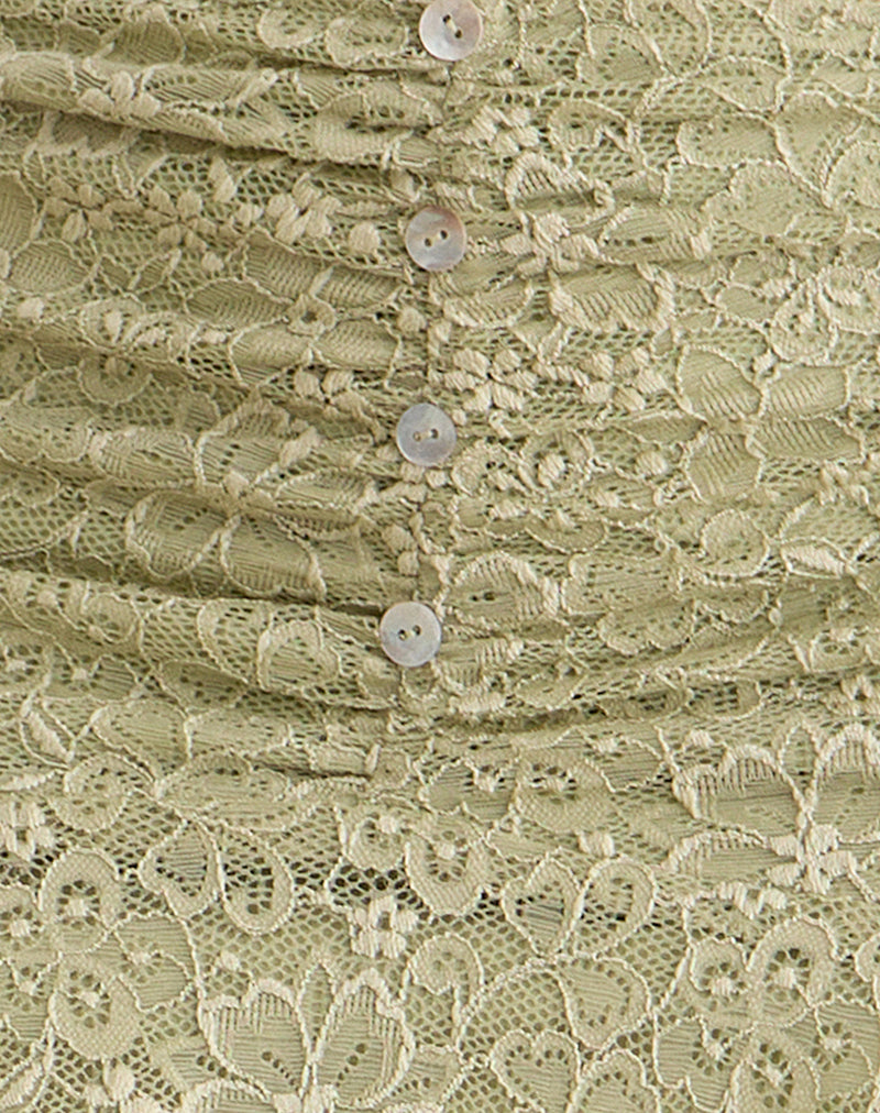 Image of Sarahi Midi Skirt in Stretch Lace Sage with Pearl Button