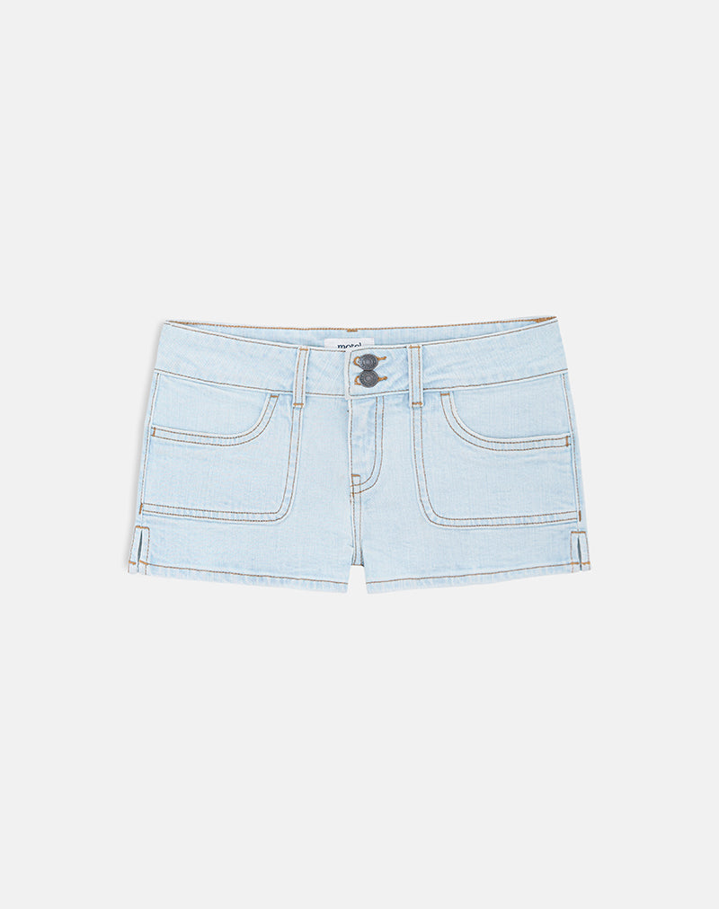 Image of Low Rise Denim Cargo Hotpant In Sky Blue
