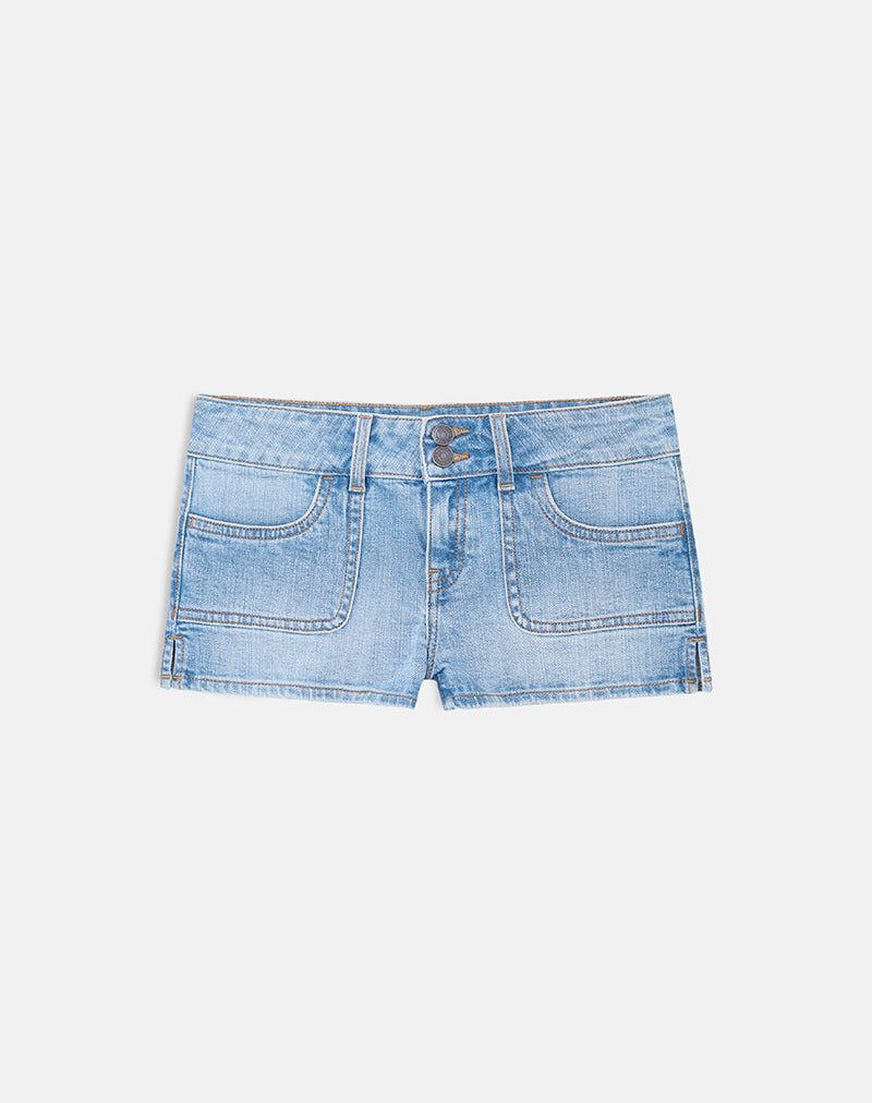 Image of Low Rise Denim Cargo Hotpant in Mid Bleach