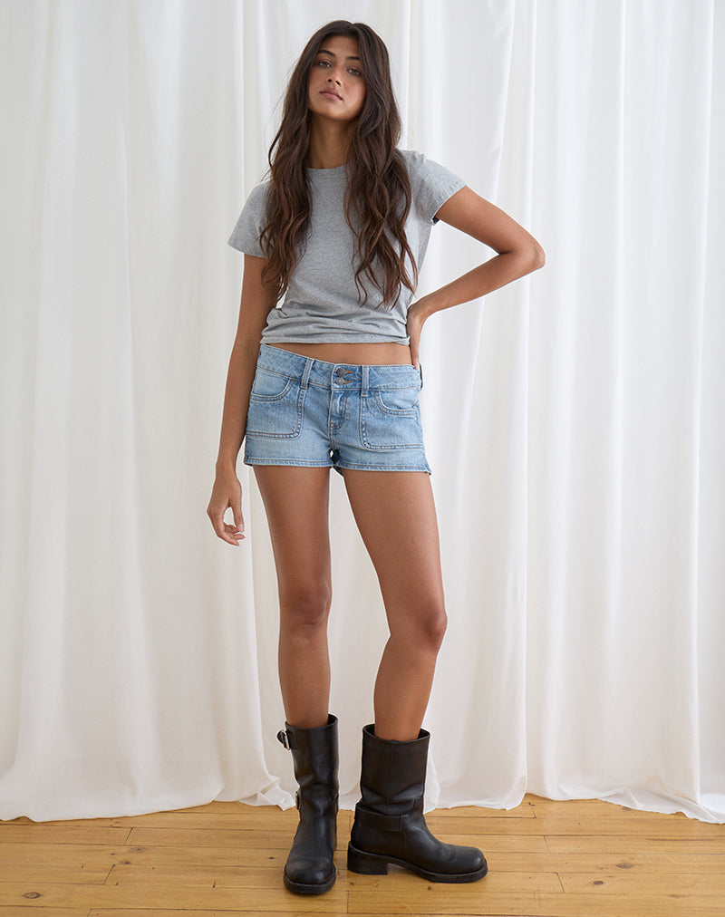 Image of Low Rise Denim Cargo Hotpant in Mid Bleach