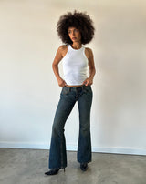 Image of Extra Low Rise Flare Jeans in Dirty Green